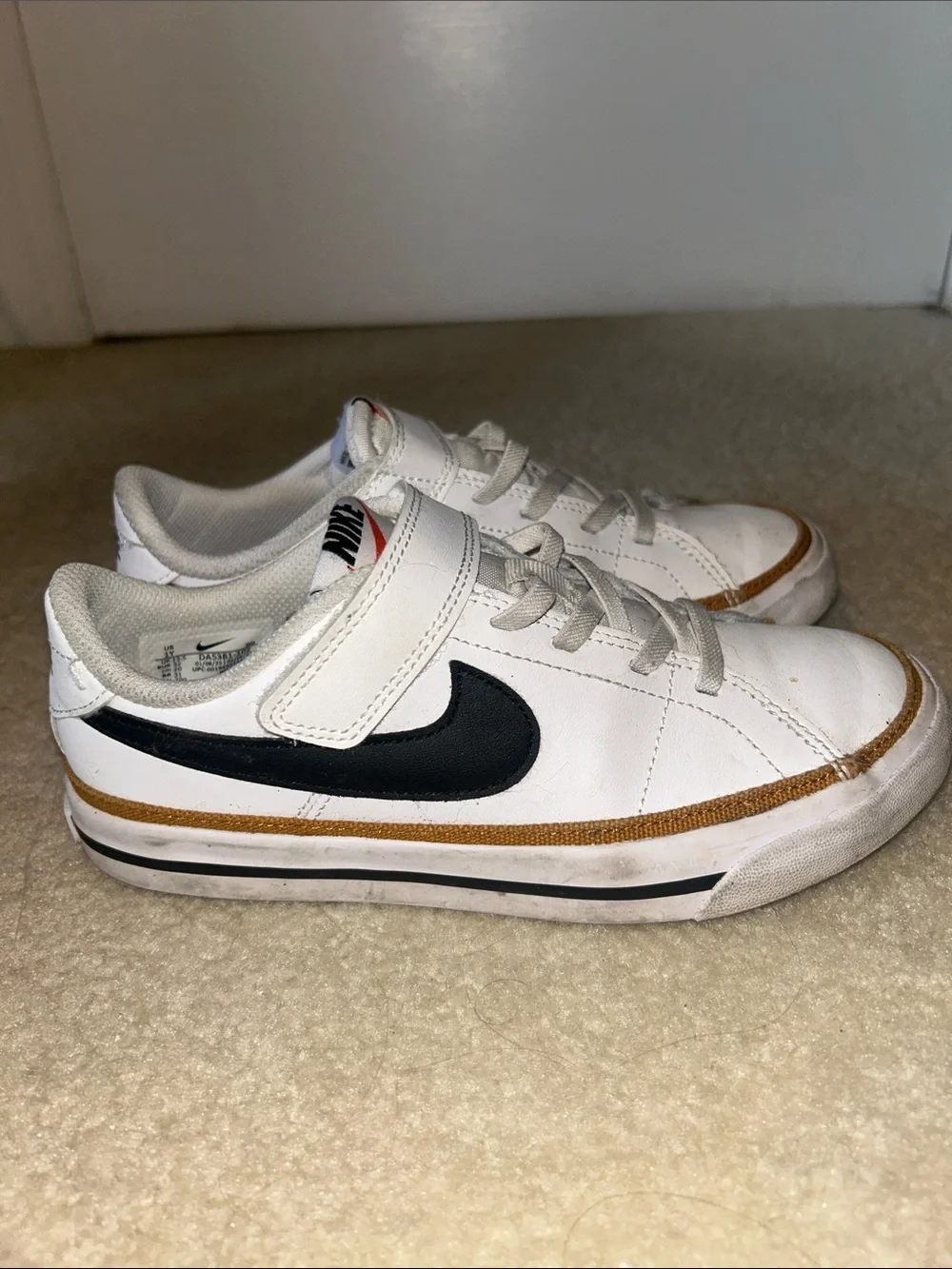 Nike Kids’ Court Legacy Sneakers White w/Black Swoosh and Desert Ochre Trim